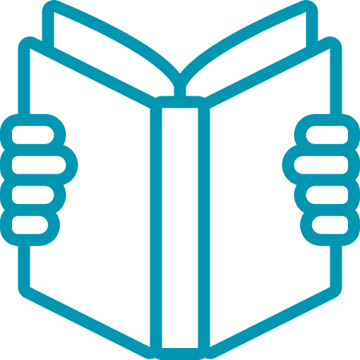 Cyan outline of hands holding open book