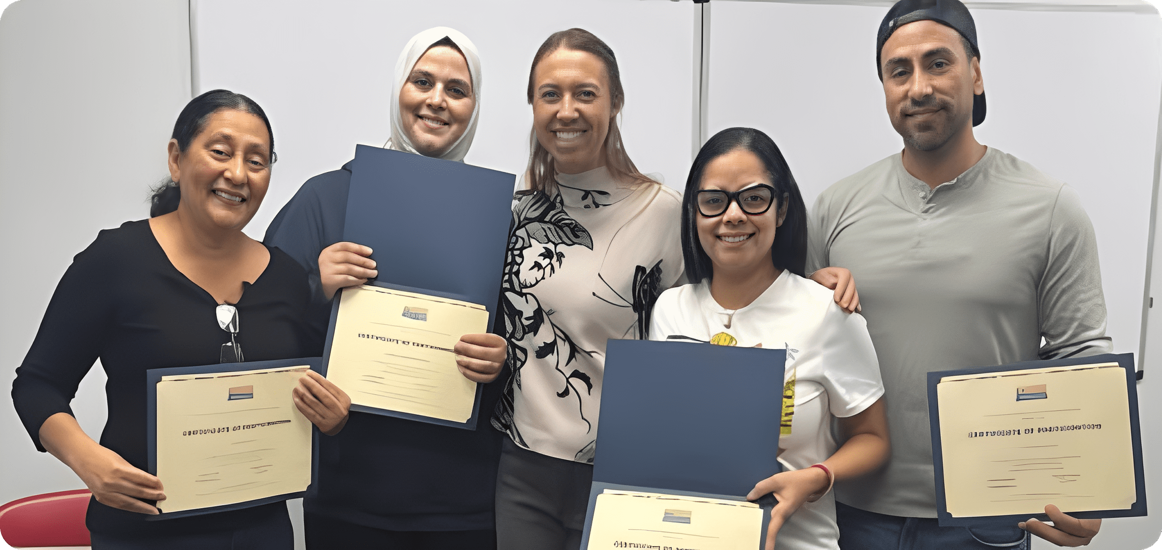 Five smiling people holding certificates