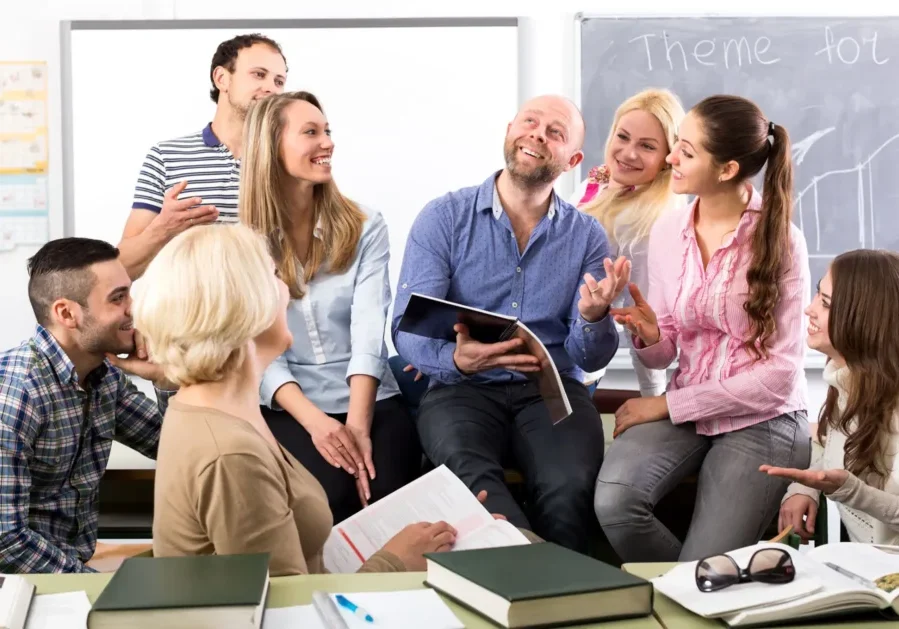 People engaged in lively conversation